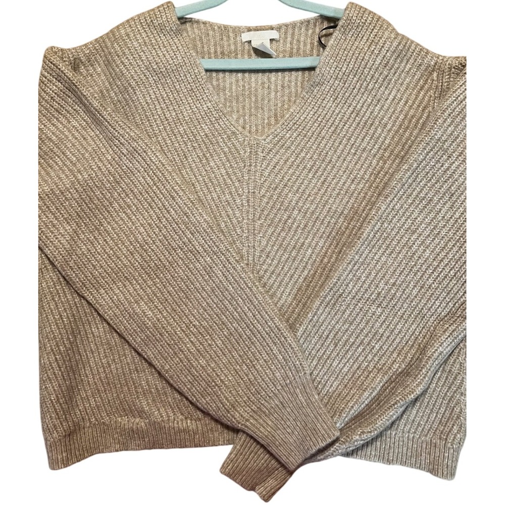 H&M XS‎ Beige V-Neck Long Sleeve Knit Sweater Wool Blend Casual Pullover Top